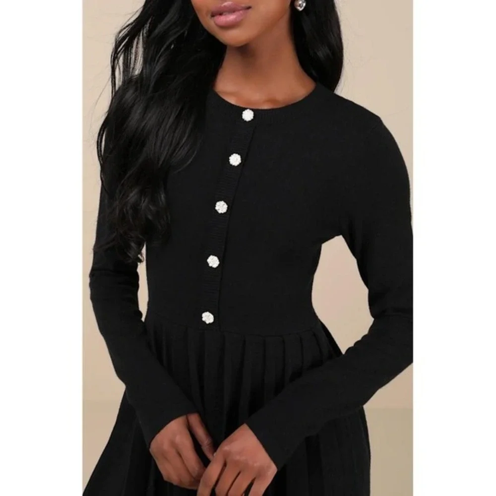 Lulus Black Ribbed Knit Button Front Pleated Skirt Dress Size M - Picture 4 of 15